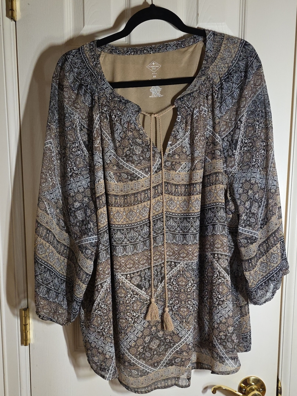 St. John's Bay Taupe and Gray Paisley Tie-Front Peasant Tunic